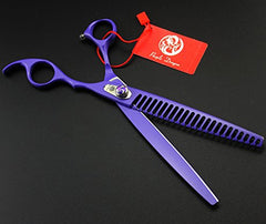 Purple Dragon 8in pet grooming scissors thinning action demonstrates thinning blade in use.