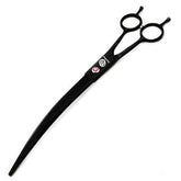 Purple Dragon 9-inch twin tails downward curved blade scissors close-up for precise, snag-free trimming