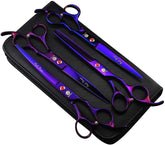 Purple Dragon 7in grooming scissors set displayed in case for on-the-go pet care