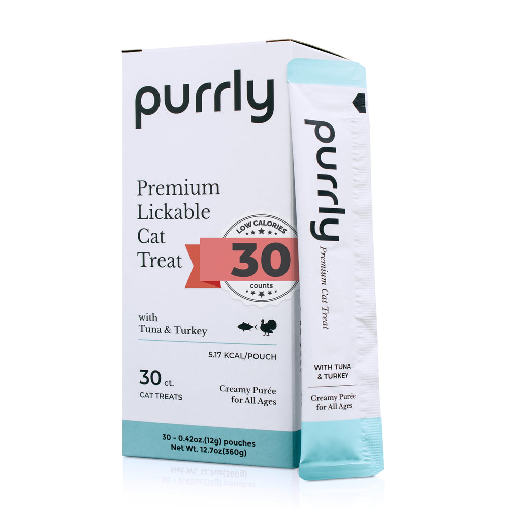 Purrly lickable tuna-turkey pouch for hydration and gourmet flavor.