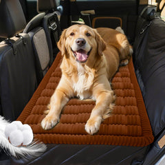 Puxinargo backseat pet bed mat top view in brown plaid protects car seats