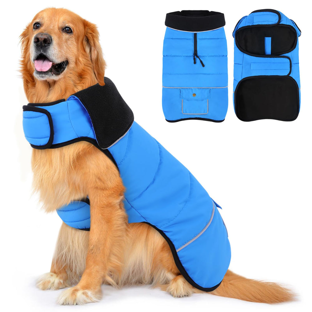 PUZAUKAL dog coat blue 2XL front view showing windproof warmth and secure fit.