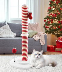 PuzzlePaw Christmas scratching post with Santa sock enhances indoor cats' play and healthy scratching.