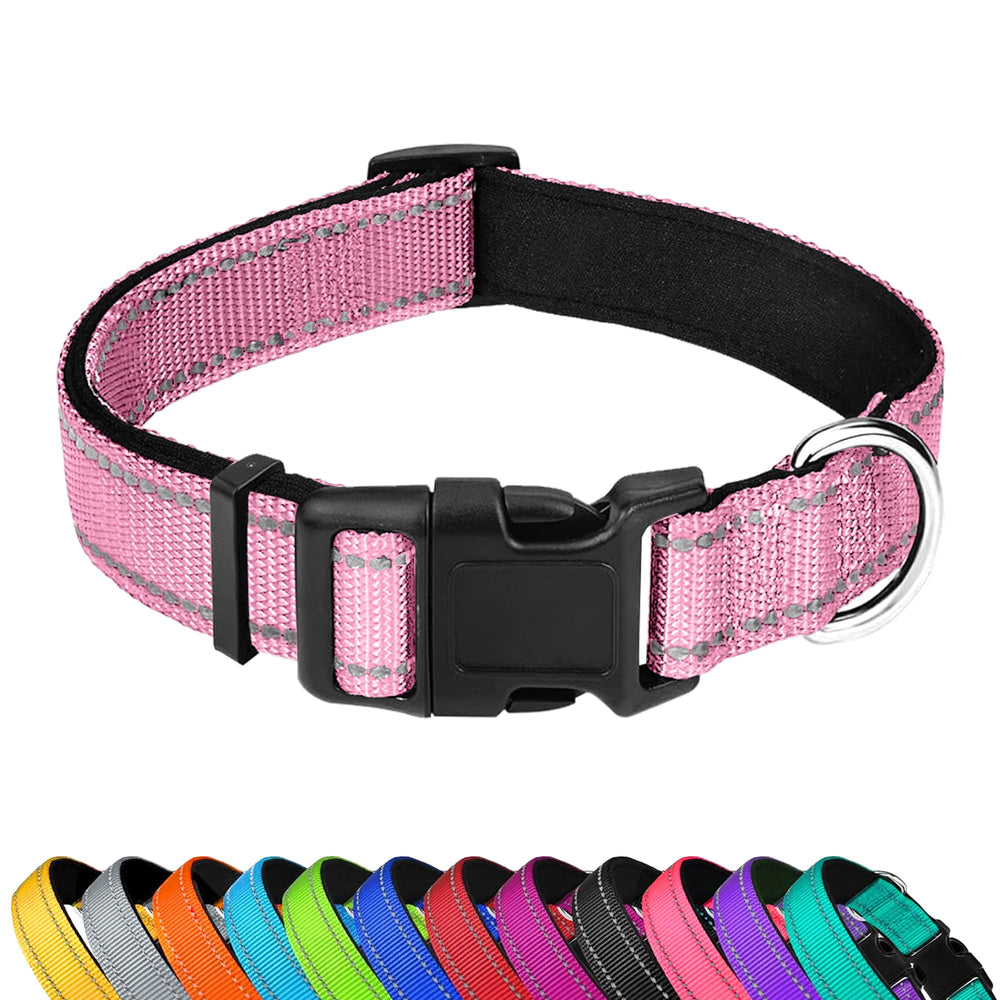 PWOD reflective dog collar with 360° straps for night visibility.