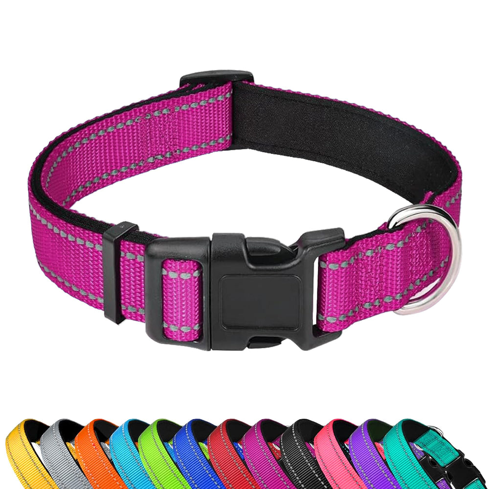 PWOD reflective dog collar rose red close-up highlighting 360° night visibility.