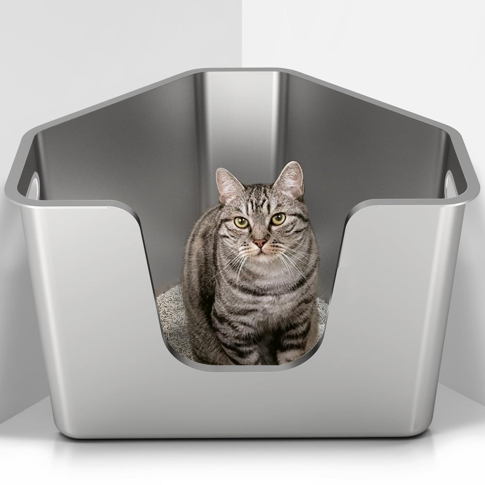 PWTAA stainless steel corner litter box front view shows roomy interior for multi-cat homes.