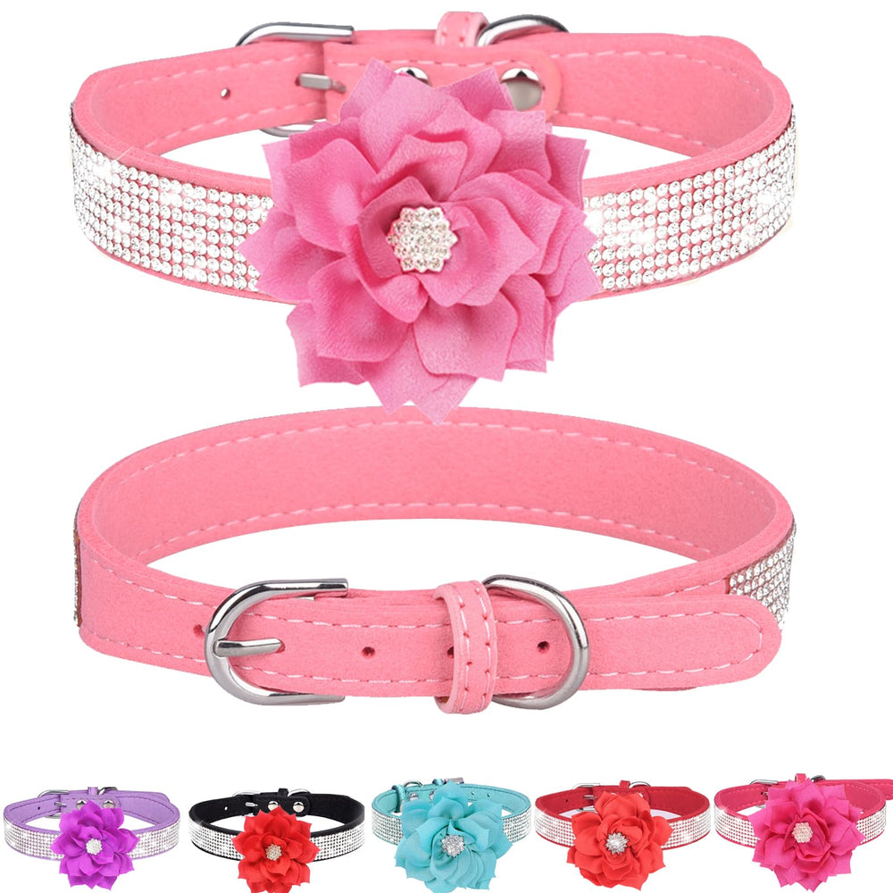 QAORD rhinestone small dog collar with flower in pink, soft comfort for daily wear.