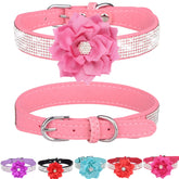 QAORD rhinestone small dog collar with flower in pink, soft comfort for daily wear.
