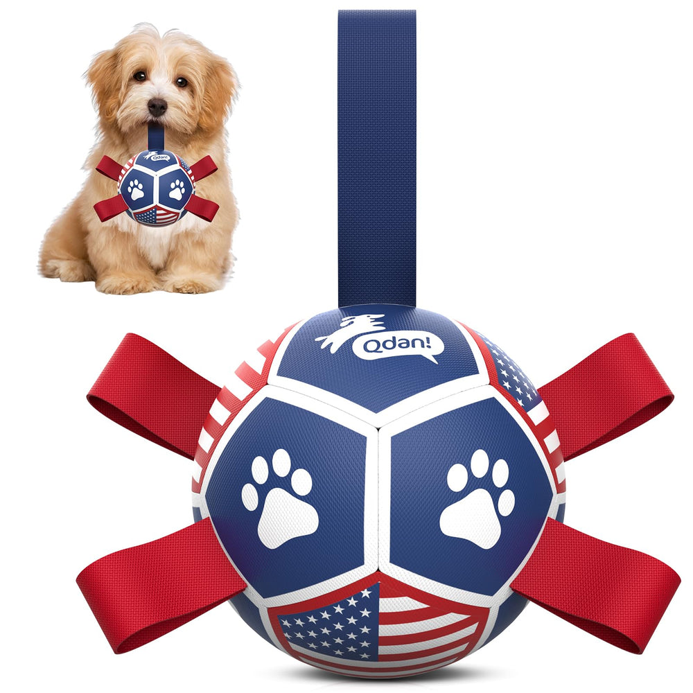 QDAN flag soccer ball with straps for interactive fetch and tug play.