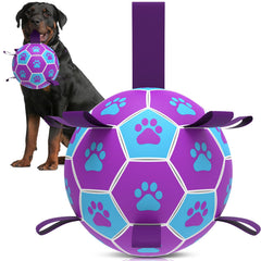 QDAN dog soccer ball close-up with strap for easy pickup.