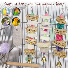 Qimilenzy parrot-toy rattan-balls provide colorful chewing enrichment and perching fun.