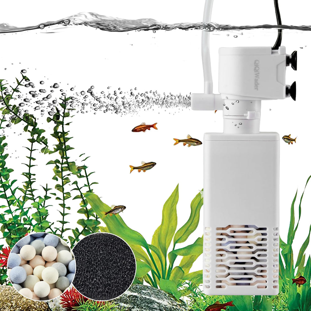 QiQiWader aquarium filter side view demonstrates compact design for 10-40 gallon tanks.