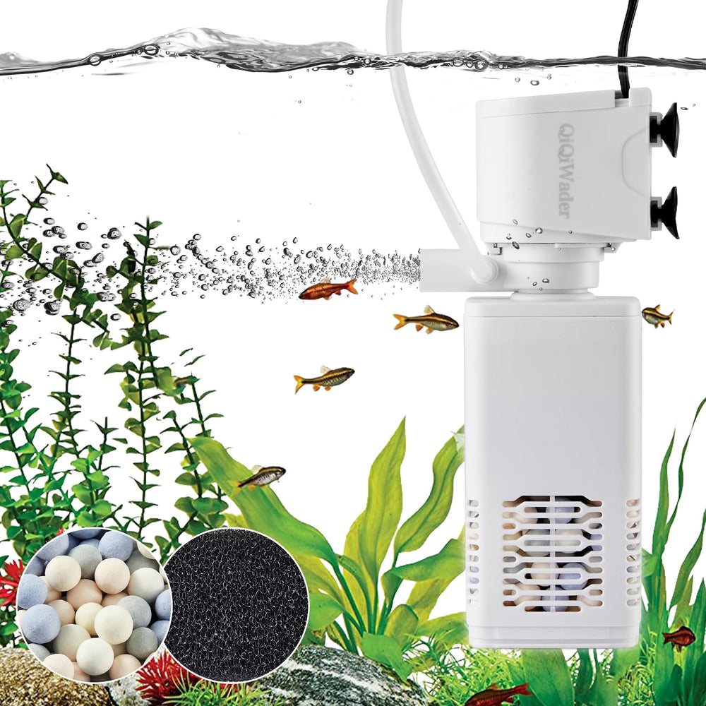 QiQiWader aquarium filter unit close-up highlighting compact, space-saving design for tanks
