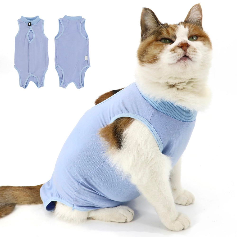Qiyadin cat recovery suit blue medium worn on cat for post-op comfort and coverage.