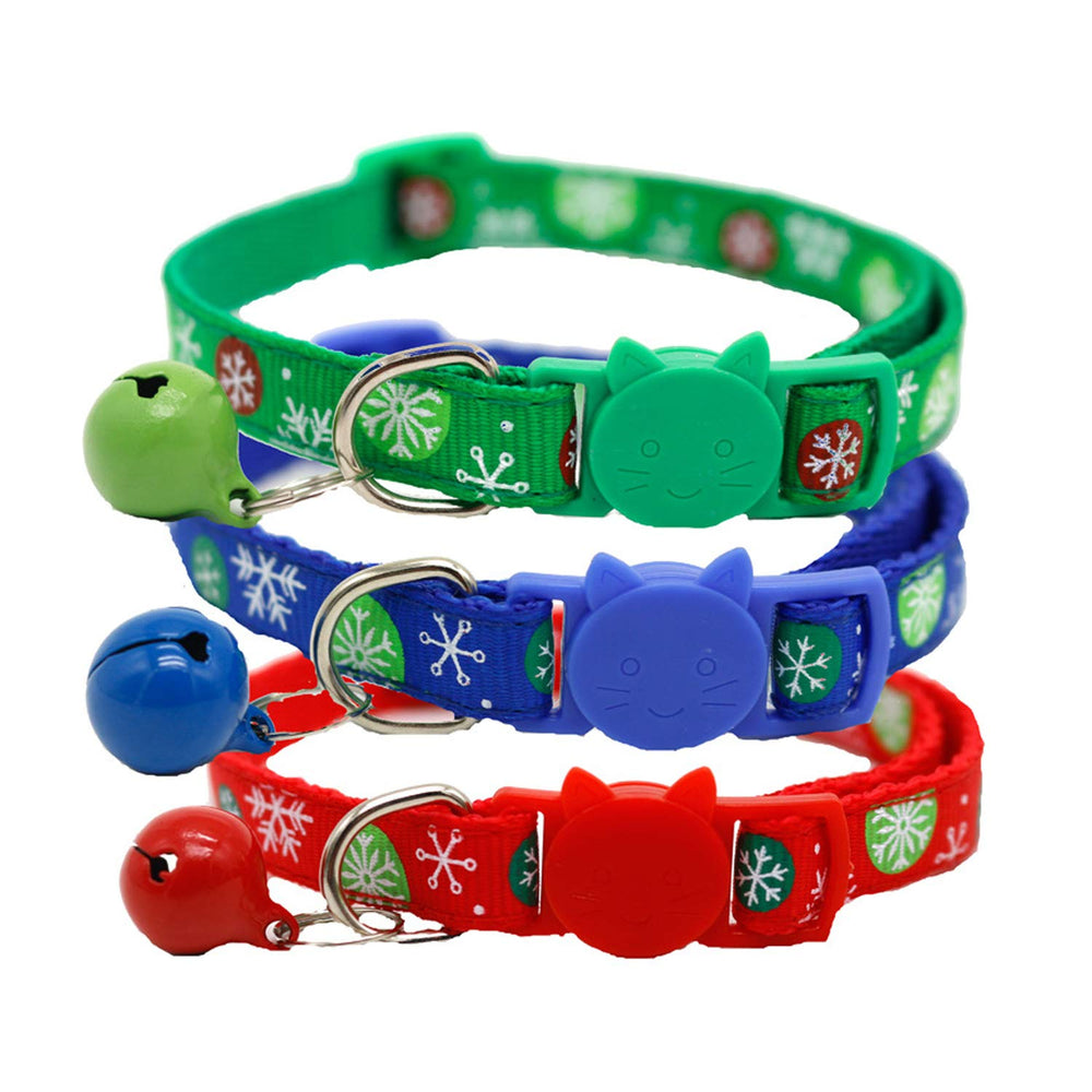 QKURT 3-pack red snowflake Xmas pet collar with jingle bell for festive visibility.