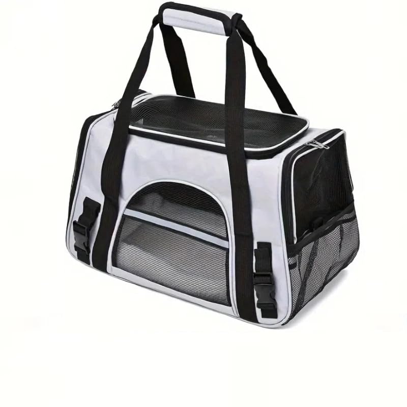 QQLe pet carrier with breathable mesh panels for cooling airflow during trips.