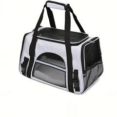 QQLe pet carrier with breathable mesh panels for cooling airflow during trips.