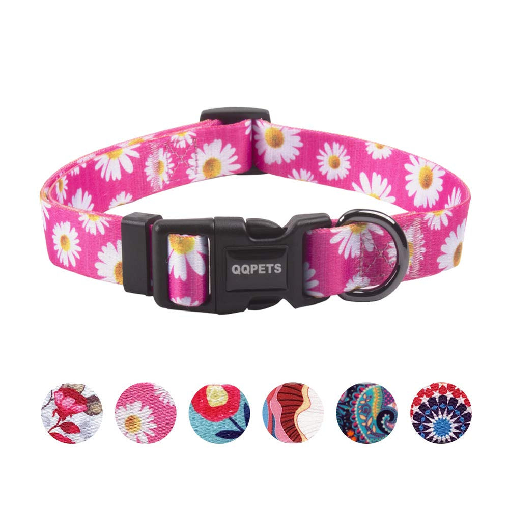 QQPETS adjustable-soft-dog-collar flower-pink-daisies front view aids visibility during walks