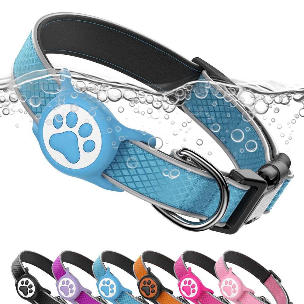 QRTAGLAB Airtag dog collar blue close-up highlighting durable build and secure QR tag for quick pet recovery