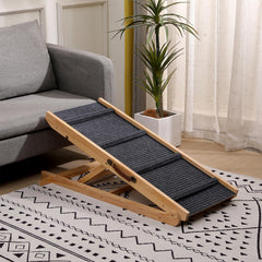 QUCHRYO foldable wooden dog ramp assembled side view shows sturdy construction for safe pet access.