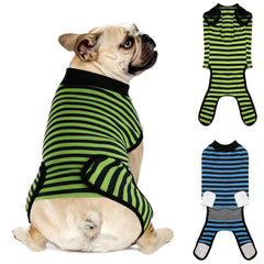 QUEARN dog recovery suit front view shows breathable fabric for comfortable healing.