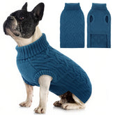 Queenmore blue medium dog sweater front view offers cozy warmth for outdoor walks.