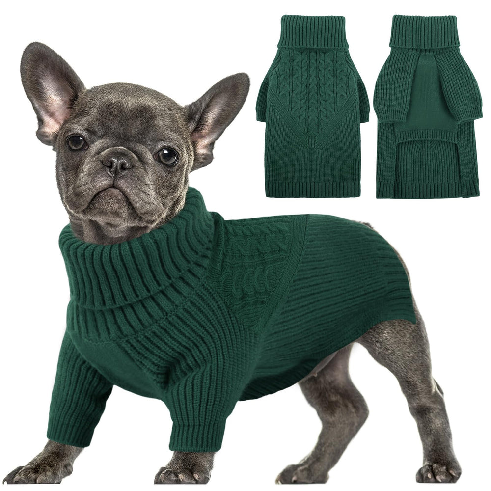 Queenmore dog sweater green front view for small dogs provides cozy warmth and easy wear.