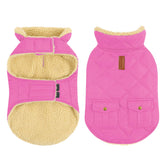 Queenmore dog winter coat pink front view highlights ultra-warm fleece and windproof fabric for cold walks.