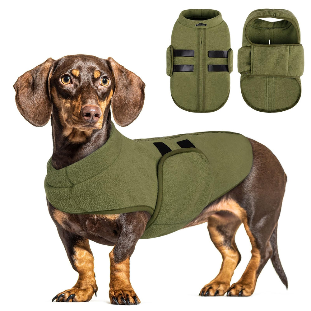 Queenmore medium dog sweater in army green showcases soft fleece for winter warmth.