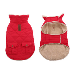 Queenmore warm dog coat front view in red medium highlighting cozy fit for cold walks