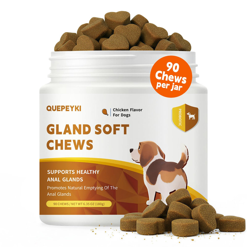 QUEPEYKI Anal Gland Chews bottle top for easy daily dosing and routine care.