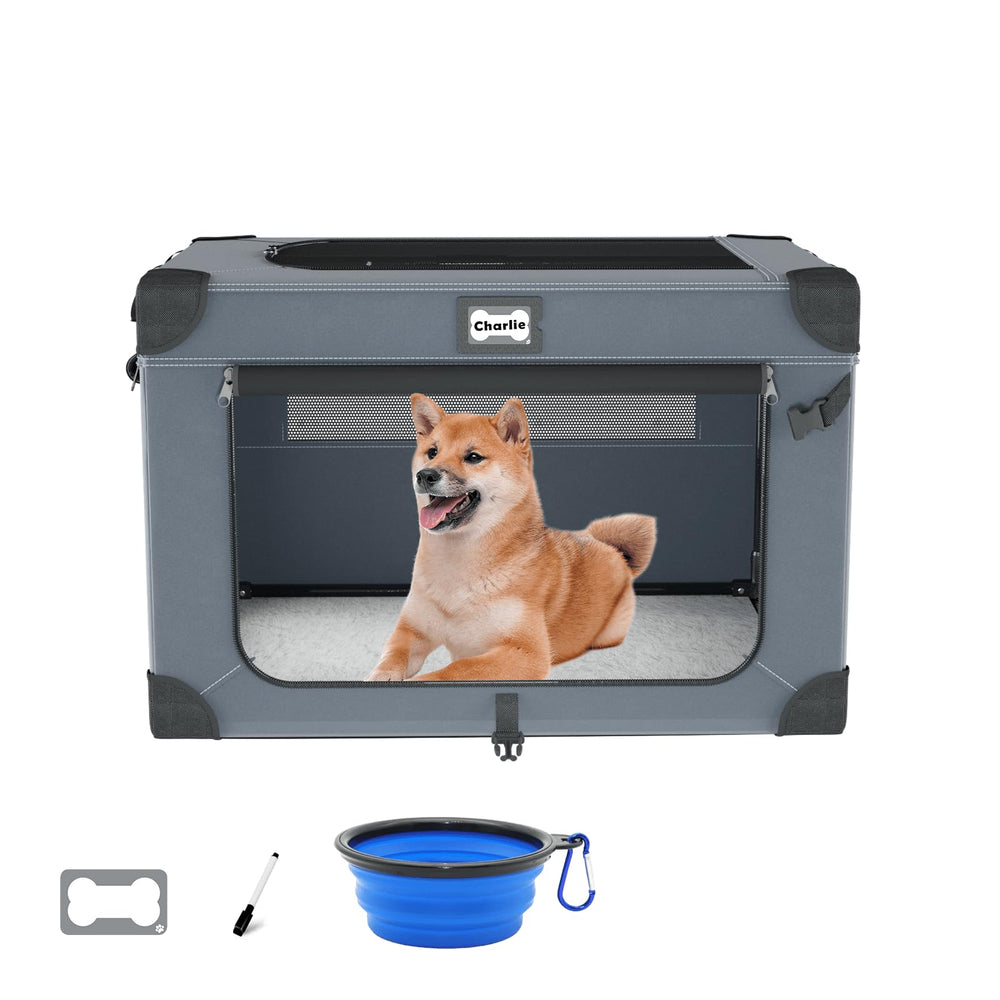 QUIBBLICK 30-Inch Soft Dog Crate with three doors for easy travel access.