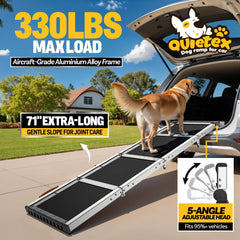 QUIETEX dog ramp head adjustment 5-angles demonstrates vehicle fit for SUVs