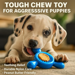 Quizvi durable nylon dog toy image emphasizes boredom relief and safe interior chewing with peanut butter grooves