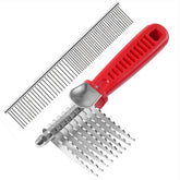 QUMY dog comb de-matting rake removes knots during grooming.