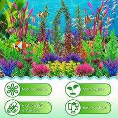 QUOZUO plastic aquarium plants with multiple heights provide natural-looking hiding spots for fish.