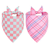 QUQULE dog bandana pink-blue plaid front view boosts spring style for pets