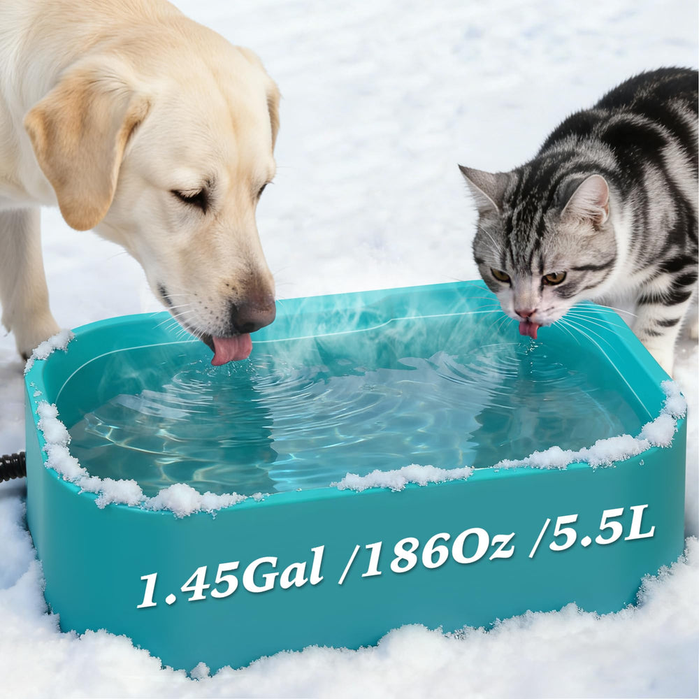 Qvamodo 5-5L heated water bowl outdoors provides continuous warm water for large pets.