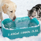 Qvamodo 5-5L heated water bowl outdoors provides continuous warm water for large pets.