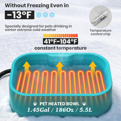 Qvamodo extralarge heated water bowl keeps warm water ready for multi-pet outdoor use.