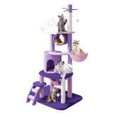 QWJORV 67-inch cat tree with sisal posts demonstrates durable scratching and climbing.