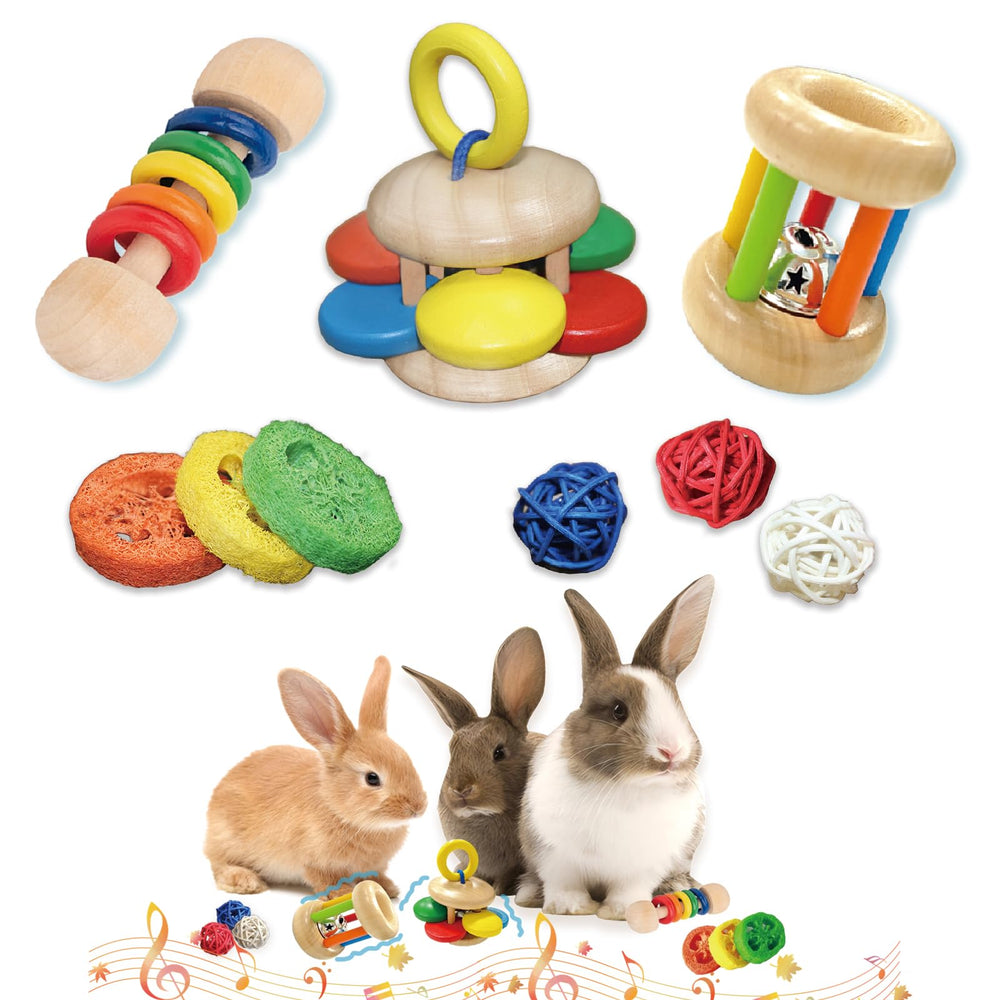 QWR wooden bunny toy set with natural wood and bright colors for engaging chewing
