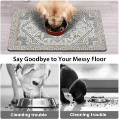 QXWREL dog food mat non-slip back keeps bowls stable during meals.