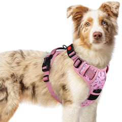 Rabbitgoo dog harness floral pink main view showing secure fit and reflective safety