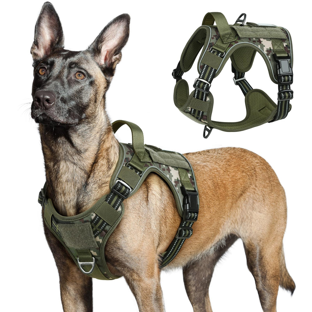 rabbitgoo Tactical Dog Harness green camo back view shows adjustable fit for secure daily walks