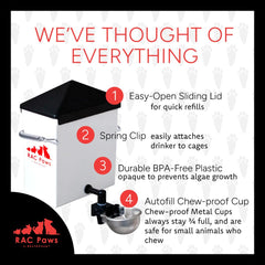 RentACoop RAC Paws elbow-attachment enables flexible cage mounting for indoor setups.