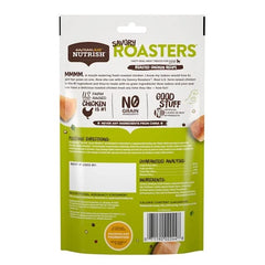 Rachael Ray Nutrish Savory Roasters treat-bags closeup shows grain-free recipe for dogs.