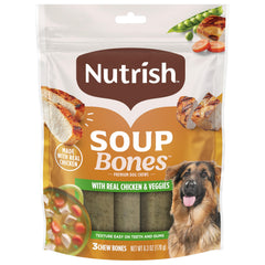 Rachael Ray Nutrish Soup Bones bag front—premium chews for all sizes, dental-friendly texture.