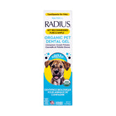 RADIUS canine toothpaste tube demonstrates organic formula for safe dog dental care.