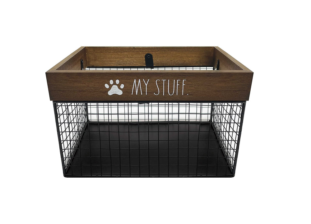 Rae Dunn Pet Toy Storage Bin front view showing organized toys and leashes